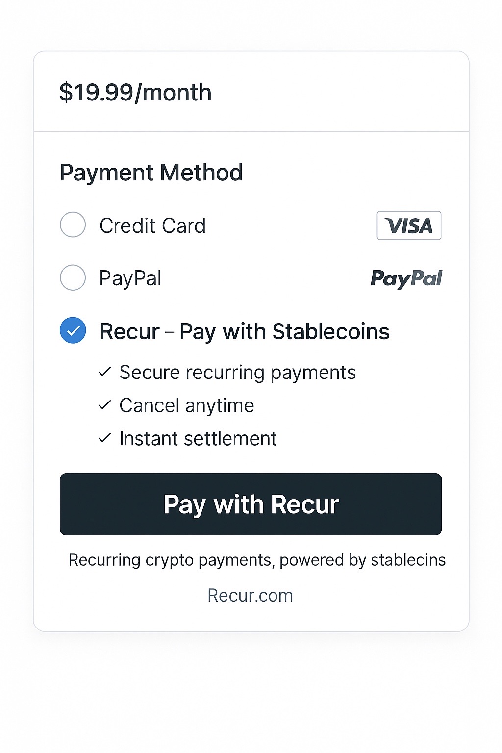 Checkout module showing 'Pay with Recur' for recurring stablecoin payments